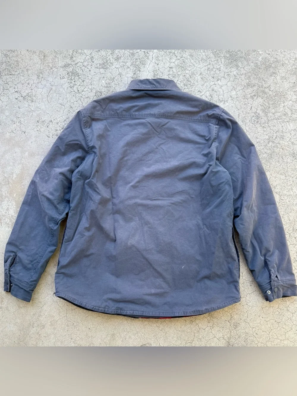 Distressed Eddie Bauer Outdoor Flannel Lined Blue Grey Shirt Jacket Shaket Sz L